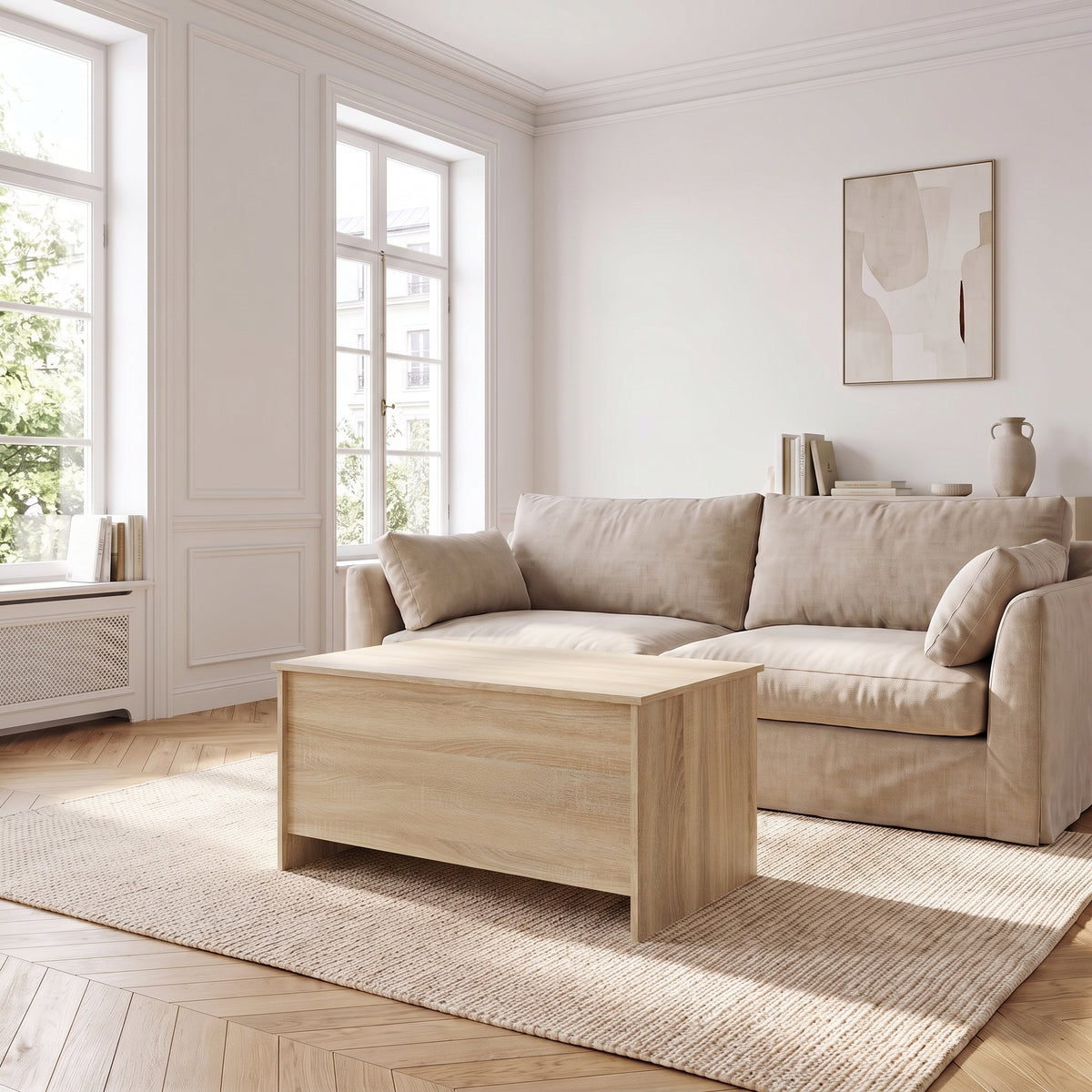 Table basse relevable Velia chêne sonoma dans un salon lumineux #Dimensions_102 × 55,5 × 52,5 cm #Couleur_Chêne sonoma