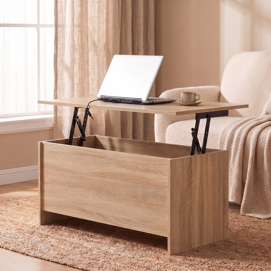 Table basse relevable Velia chêne sonoma, plateau relevé en bureau d’appoint