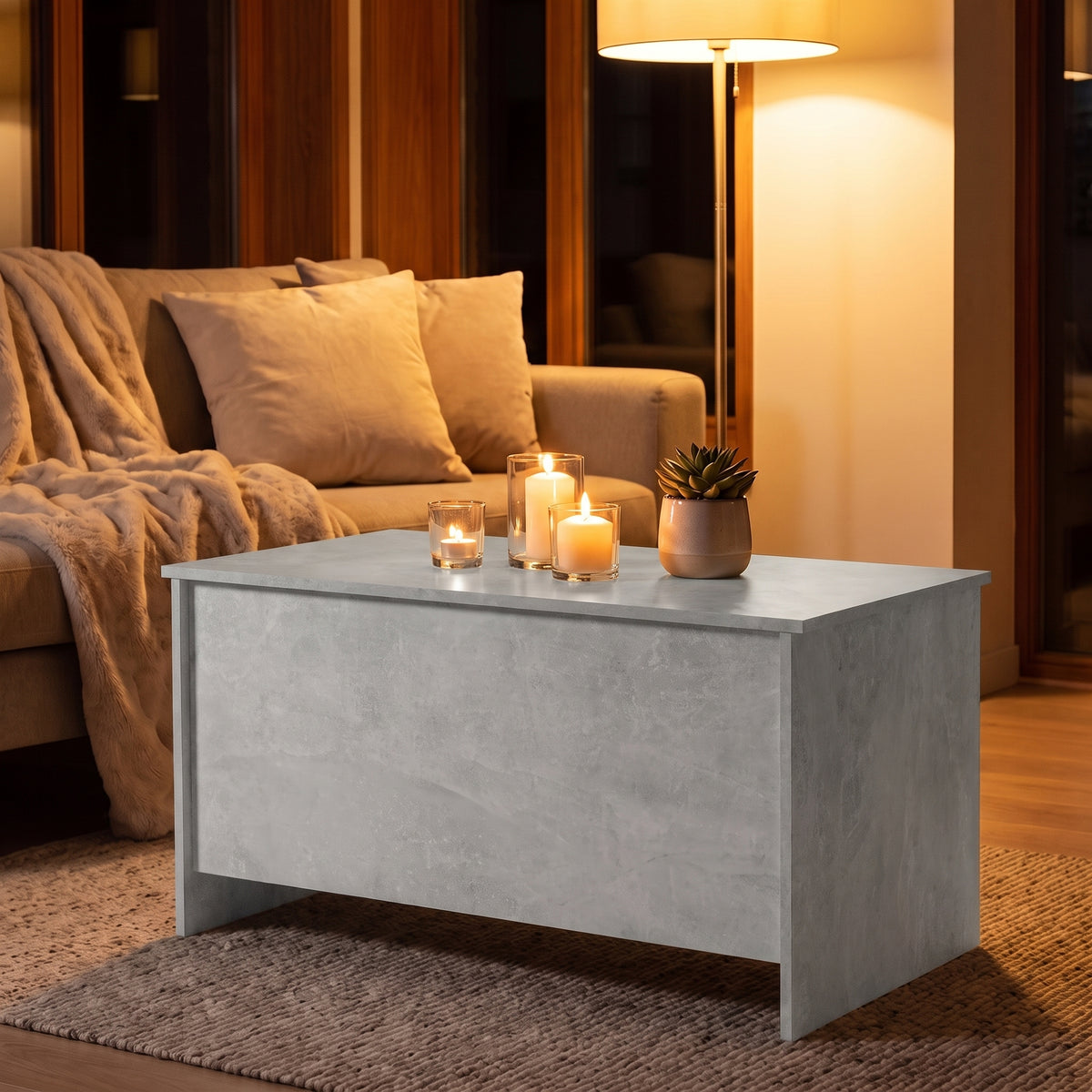 Table basse relevable Velia gris béton, ambiance du soir aux bougies #Dimensions_102 × 55,5 × 52,5 cm #Couleur_Gris béton