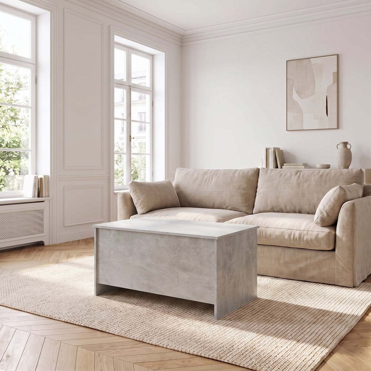 Table basse relevable Velia gris béton dans un salon lumineux #Dimensions_102 × 55,5 × 52,5 cm #Couleur_Gris béton