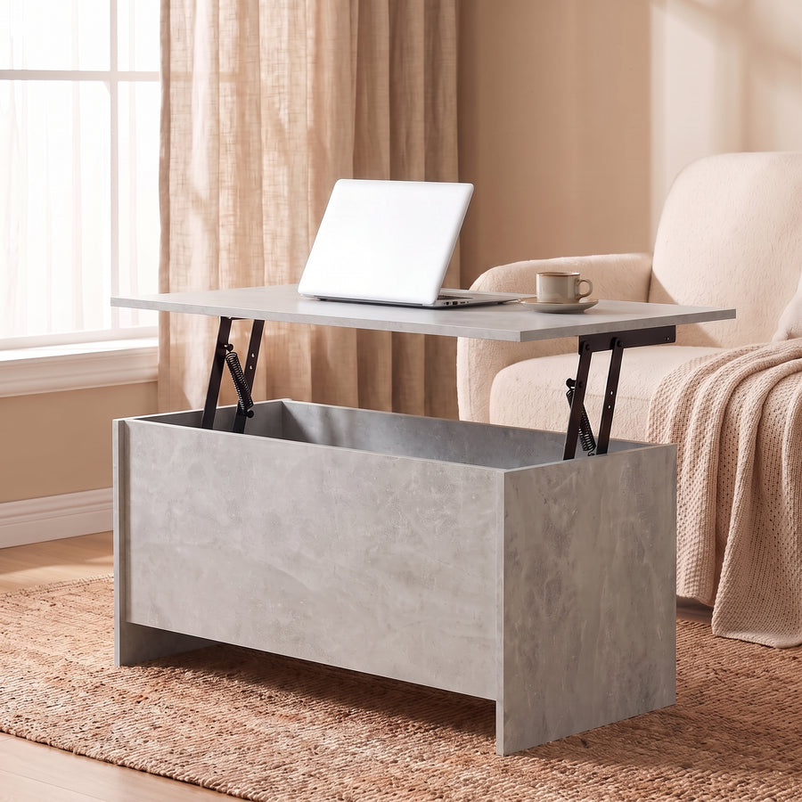 Table basse relevable Velia gris béton, plateau relevé en bureau d’appoint