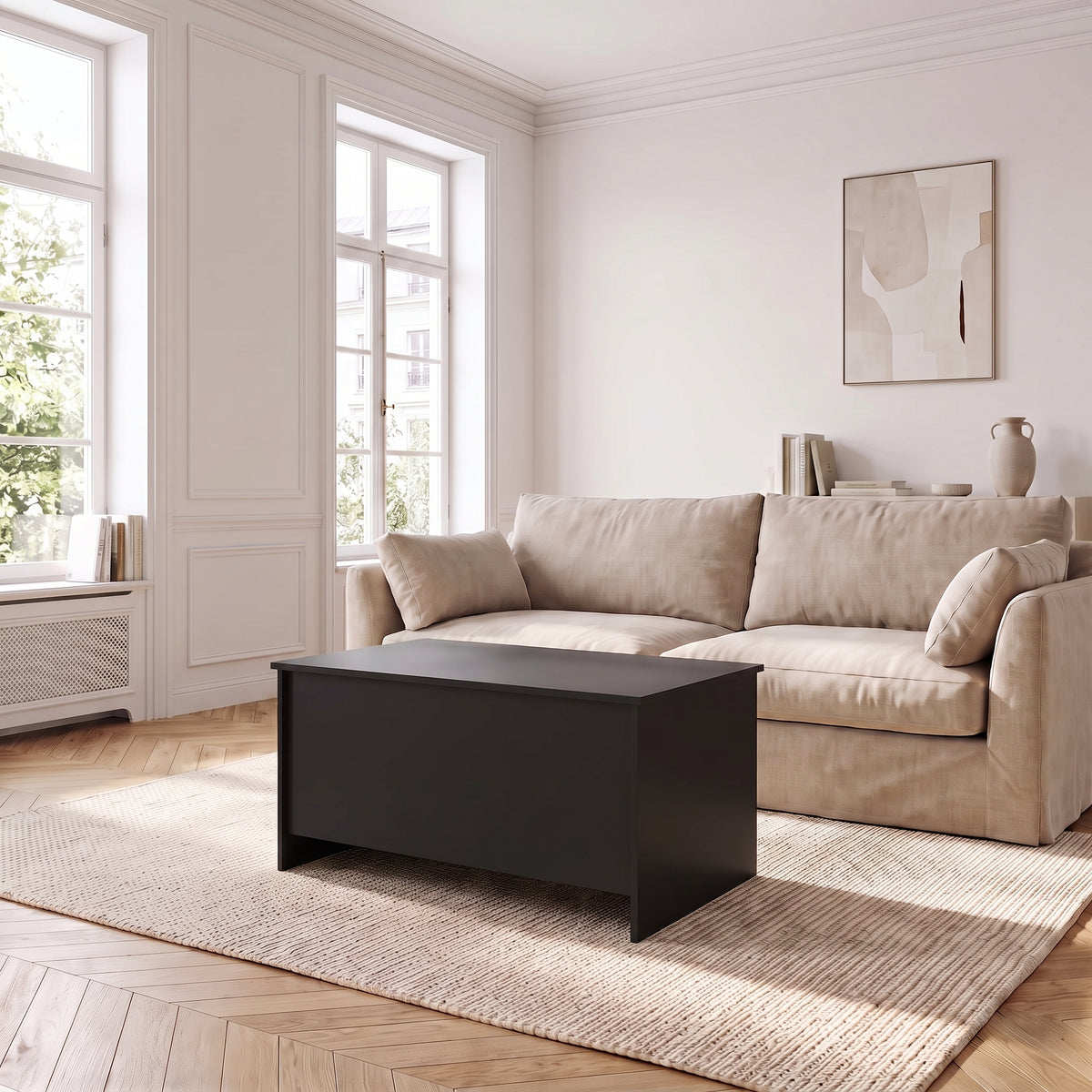 Table basse relevable Velia noir dans un salon lumineux #Dimensions_80 × 55,5 × 41,5 cm #Couleur_Noir