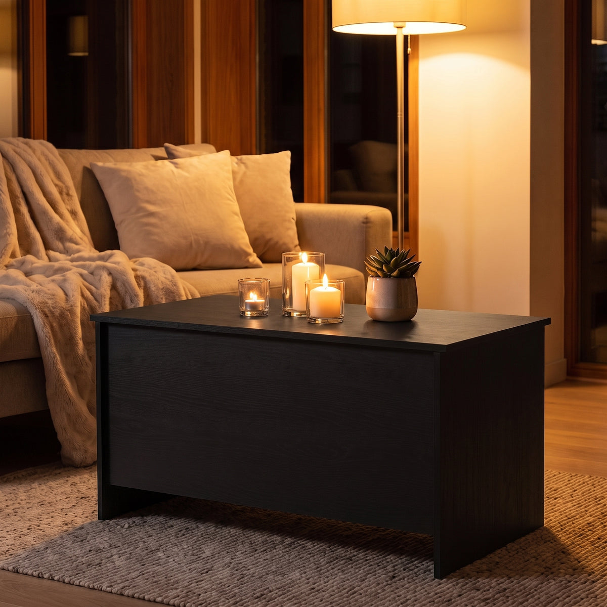Table basse relevable Velia noir, ambiance du soir aux bougies #Dimensions_102 × 55,5 × 52,5 cm #Couleur_Noir