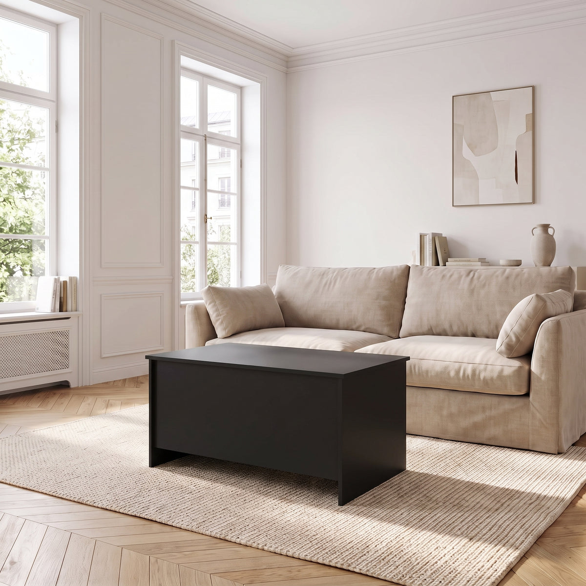 Table basse relevable Velia noir dans un salon lumineux #Dimensions_102 × 55,5 × 52,5 cm #Couleur_Noir