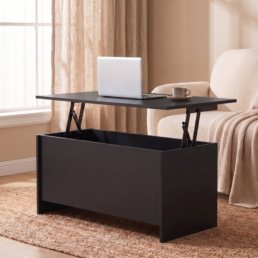 Table basse relevable Velia noir, plateau relevé en bureau d’appoint