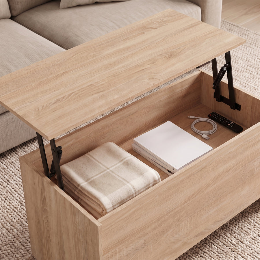 Table basse relevable Velia chêne sonoma, coffre ouvert sous le plateau relevé