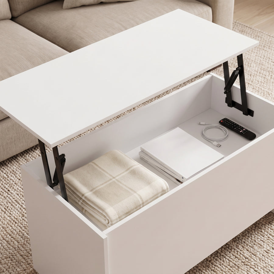 Table basse relevable Velia blanc, coffre ouvert sous le plateau relevé