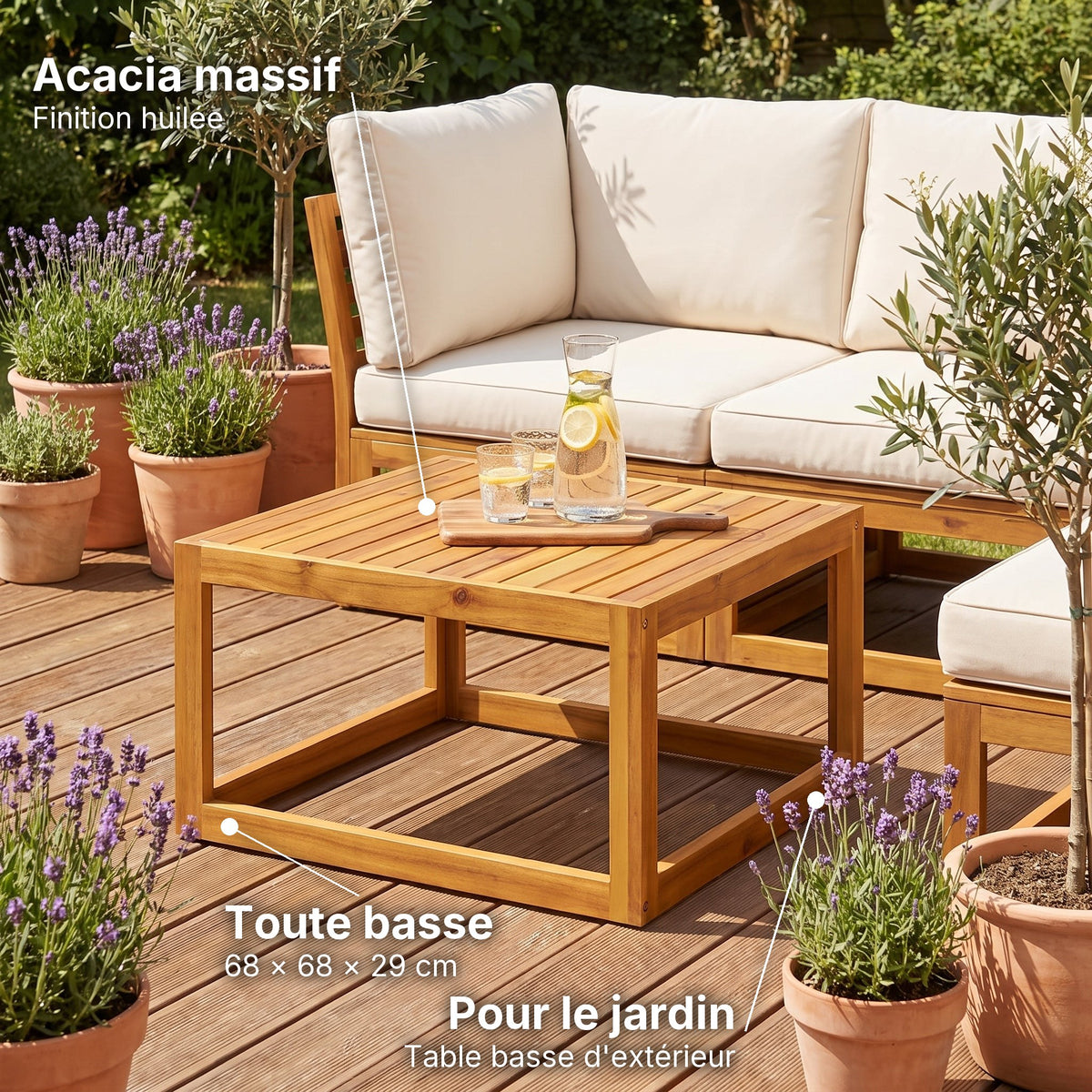Table basse carrée de jardin en acacia Verano : acacia massif (Finition huilée), toute basse (68 × 68 × 29 cm), pour le jardin (Table basse d'extérieur) 